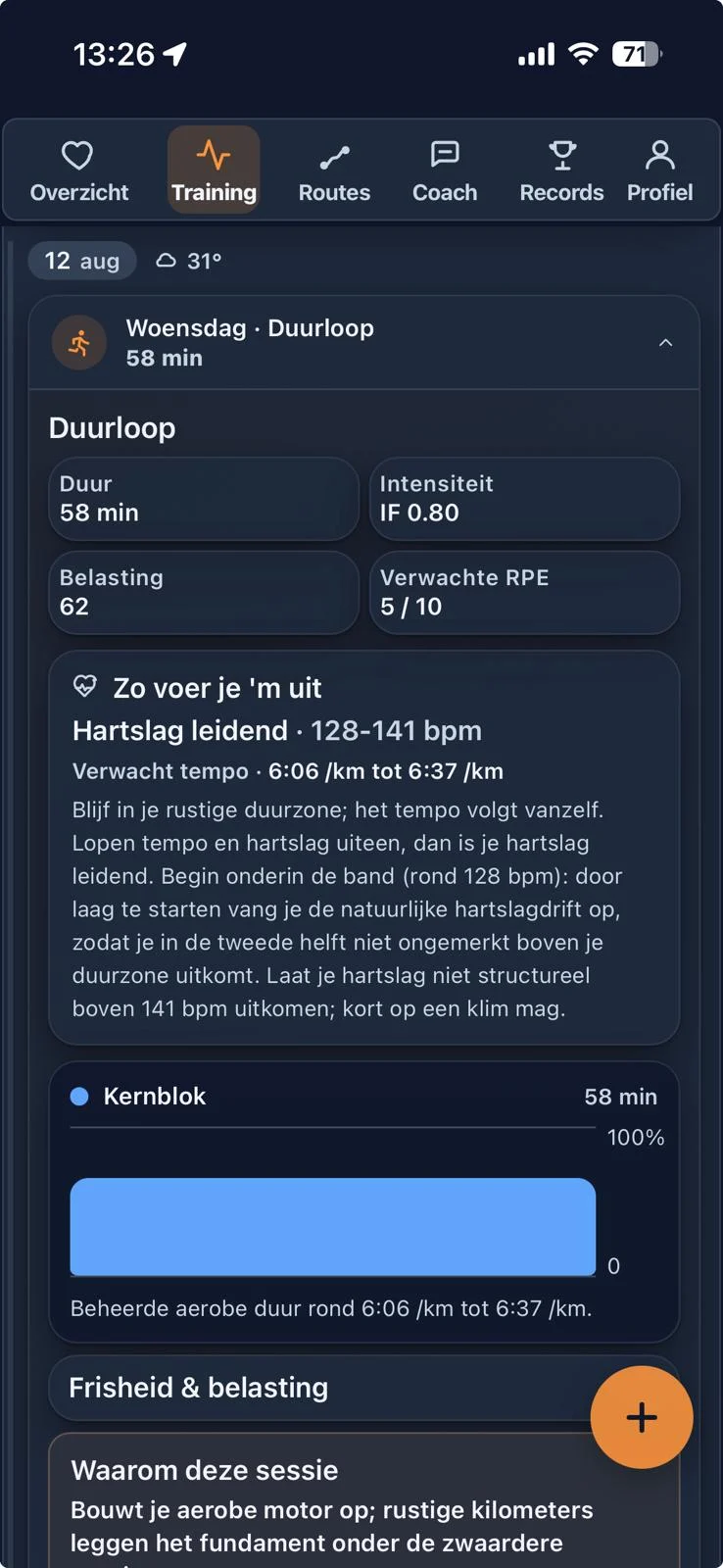 Het Training-scherm van Trimetra met de sessie van vandaag, blokken en uitleg